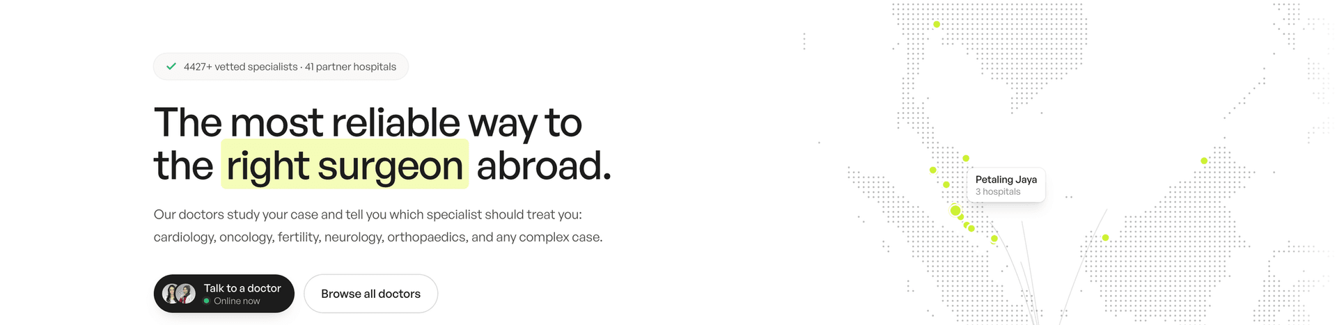 The medifly.ai homepage in English: “The most reliable way to the right surgeon abroad.”