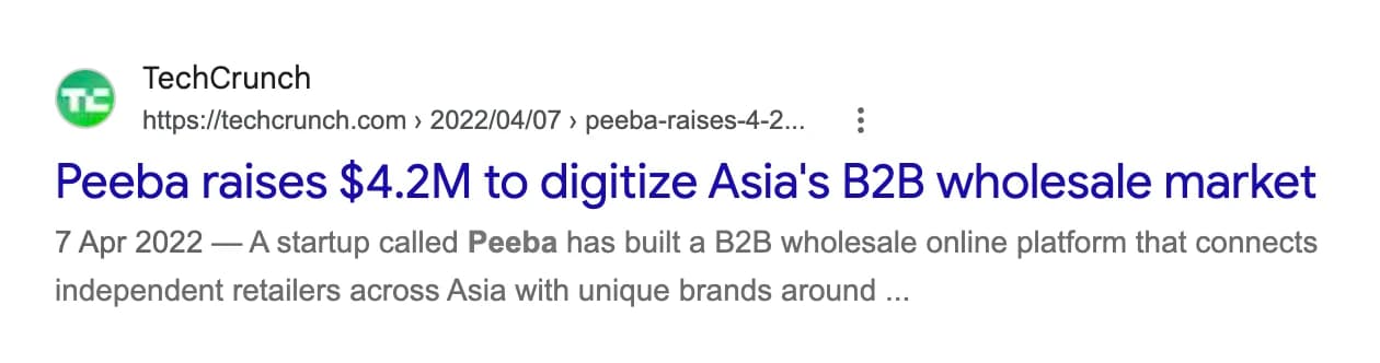 TechCrunch headline from April 2022: Peeba raises $4.2M to digitize Asia’s B2B wholesale market