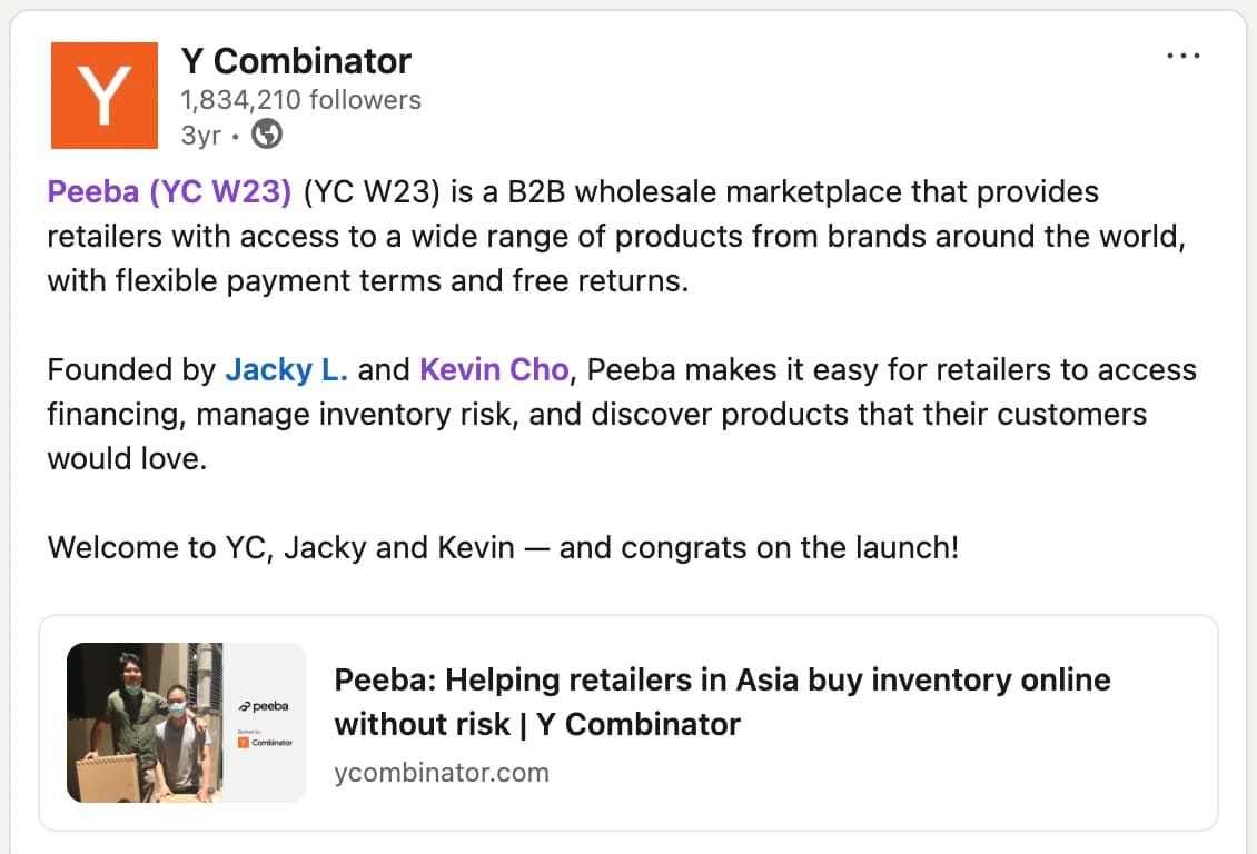 Y Combinator’s LinkedIn post welcoming Peeba, founded by Jacky L. and Kevin Cho, to the W23 batch