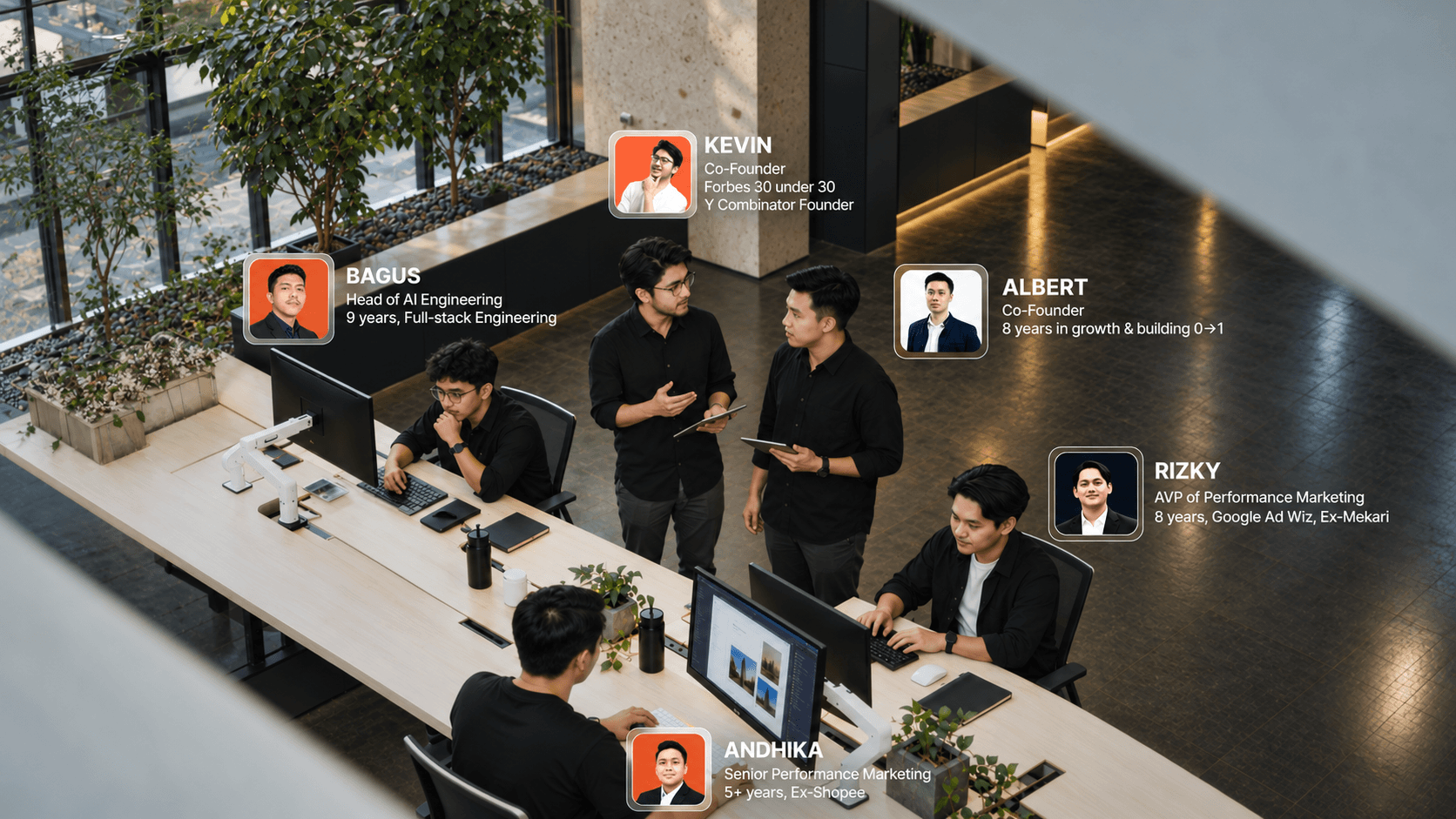 Part of the GTMLab team at work: co-founders Kevin and Albert talking in the middle, with Bagus, Head of AI Engineering; Rizky, AVP of Performance Marketing; and Andhika, Senior Performance Marketing, at their desks.